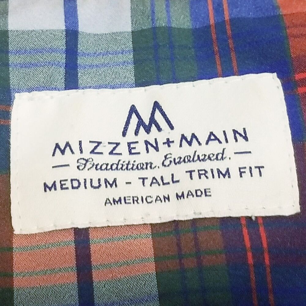 Mizzen + Main Shirt Men's Medium Red Blue Green Plaid Tall Trim Fit Made In USA - Picture 3 of 4